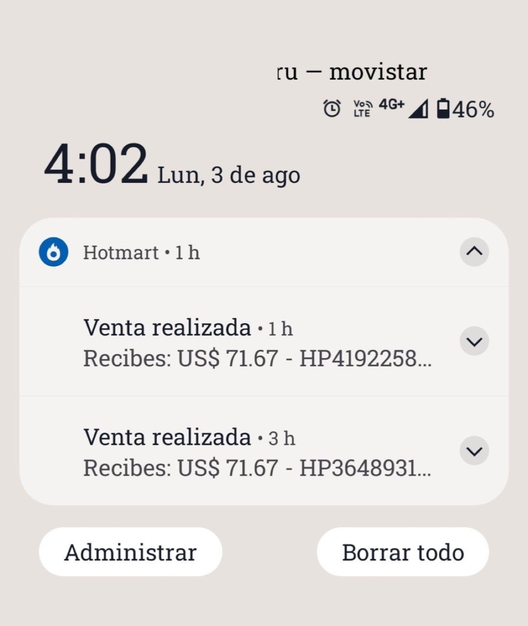 Centro de notificaciones de un móvil Android con avisos de venta de Hotmart