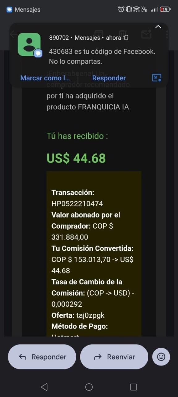 Correo de Hotmart confirmando una venta del producto, abierto en el móvil