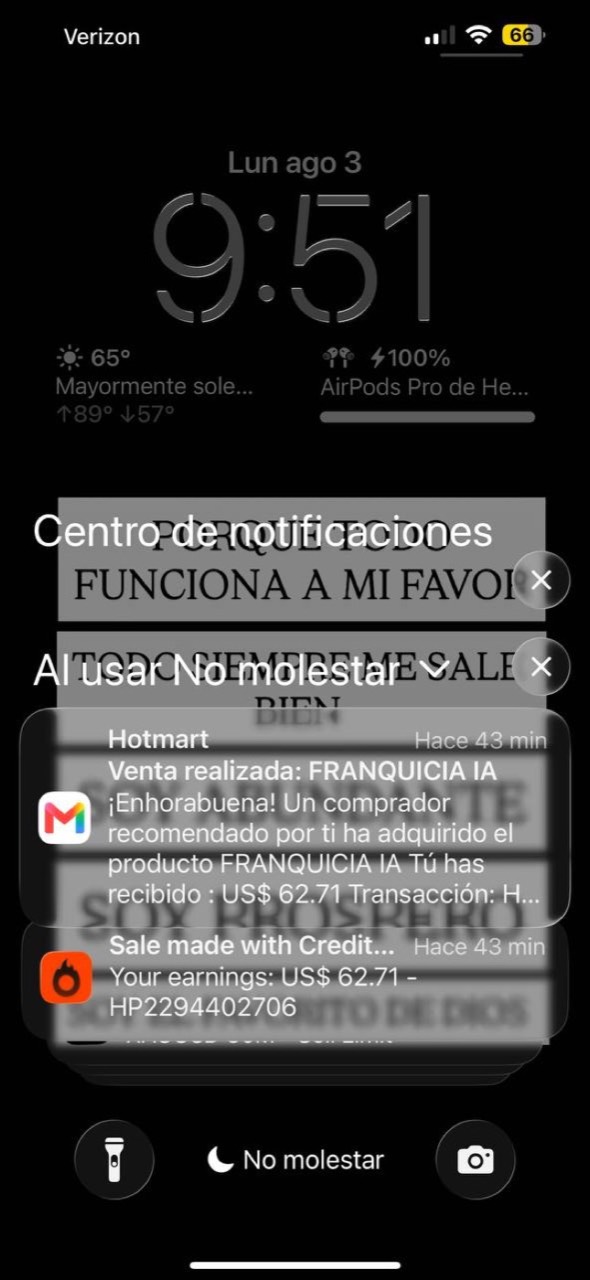 Centro de notificaciones de un iPhone con un aviso de venta de Franquicia IA